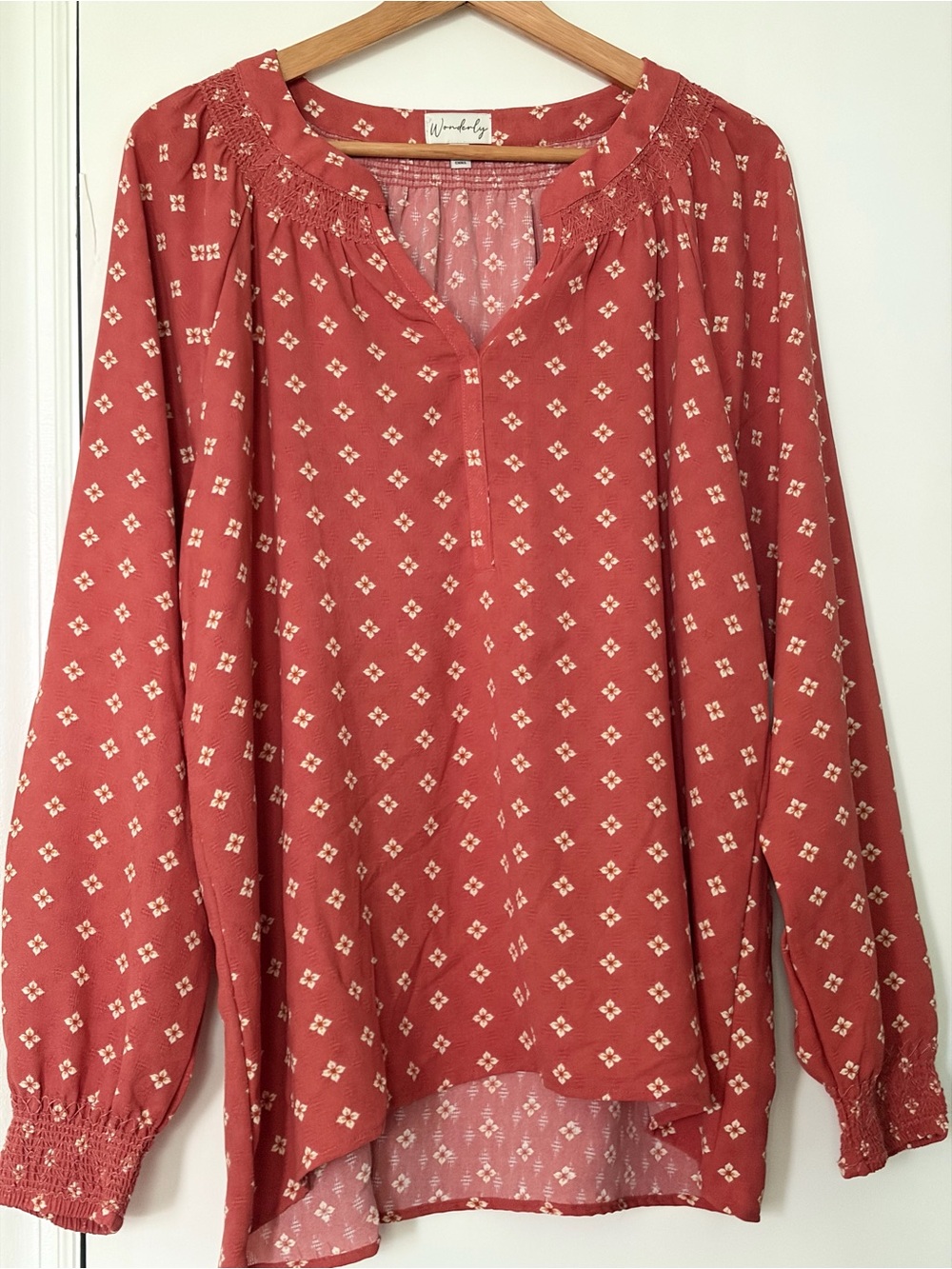 Wonderly Rust Orange Printed Long-Sleeve Smocked-Neck Tunic
